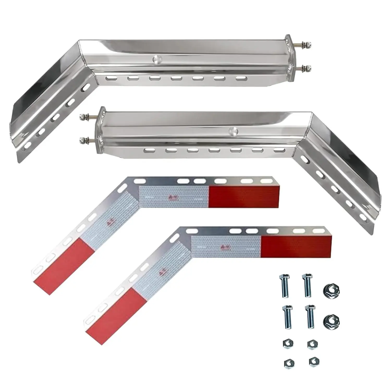 Heavy Duty Chrome Aluminum Mud Flap Hanger Set for Trucks, Auto Exterior Accessories, 28" Length, 45° Mud Protection, 1-1/8" Bolt Pattern, W/Reflector, Fits Mack & Kenworth Vehicles, Safety First, 20Lb