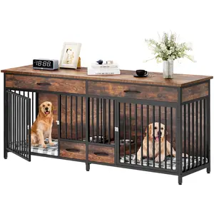 Yitahome 91.3" Double Large Dog Crate Furniture with Dog Feeder, Large Dog Kennel Indoor with Drawers, Heavy Duty Wooden Dog Crate with 2 Room Divider for 2 Medium Large Dogs