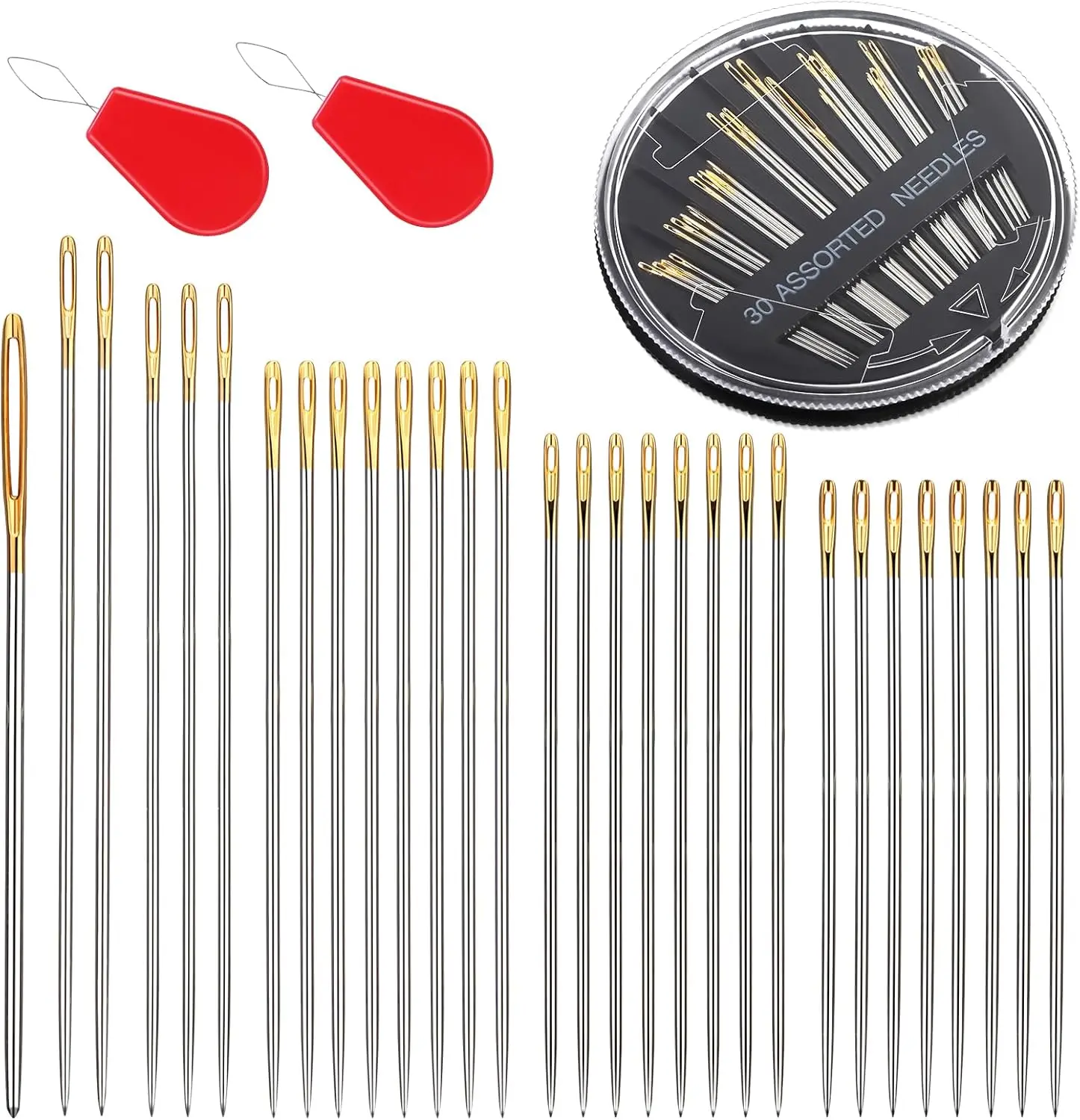 30 Pack Hand Sewing , Assorted Embroidery  Kit, 6 Sizes Large Eye Sewing  with Threaders for DIY Craft Projects, Handsewing, Sewing Repair
