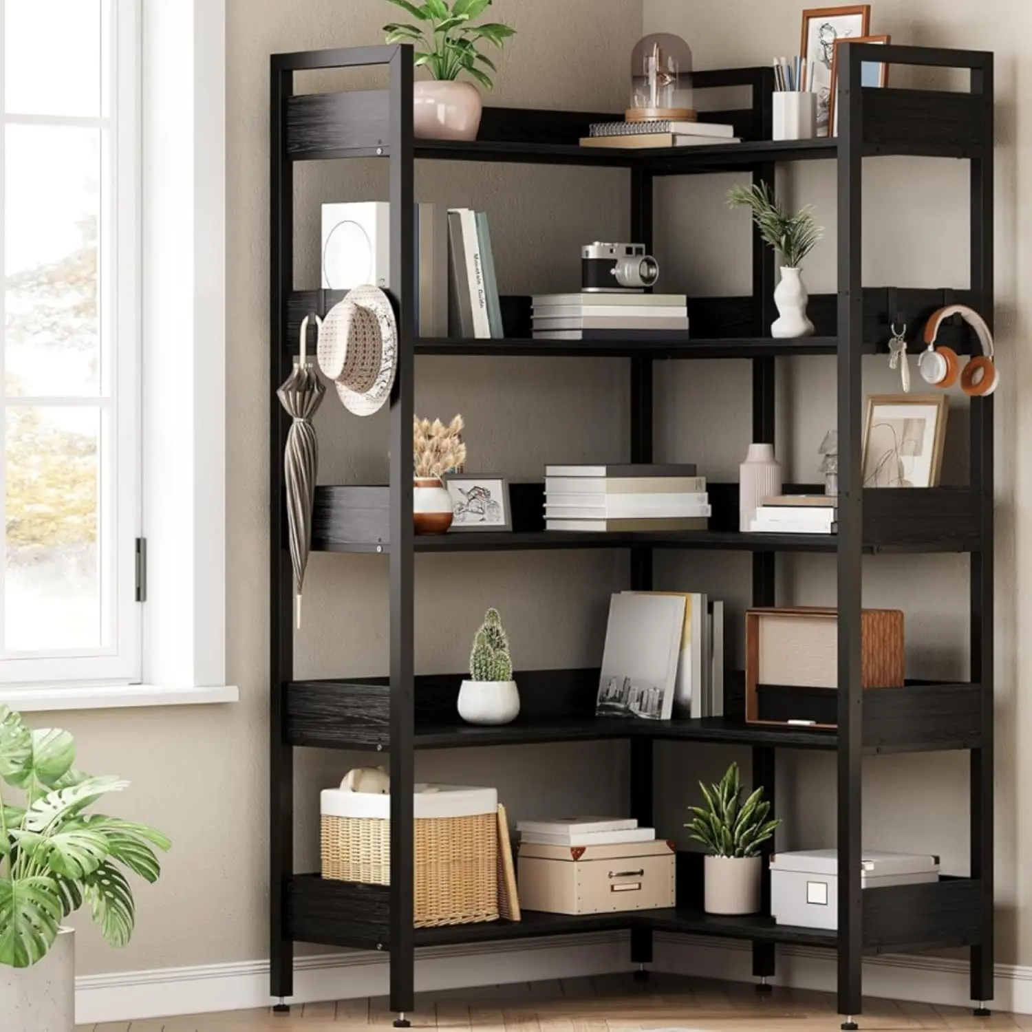 Gaomon 5-Tier Open Bookshelf, Wooden Corner Bookcase with 4 Hooks & 2-Way Install Design for Home Office Use, Five Tiers