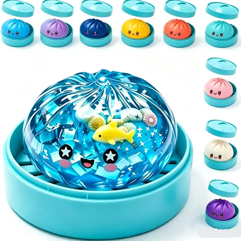 Cute Transparent Ocean Dumpling Squishy Toy Set, TPR Slow Rising Stress Relief Steamed Bun Squeeze Toys with Mini Colorful Bun Caps, Kawaii Party Favors Anxiety Relief Fidget Toys for Kids Adults Birthday Party Supplies