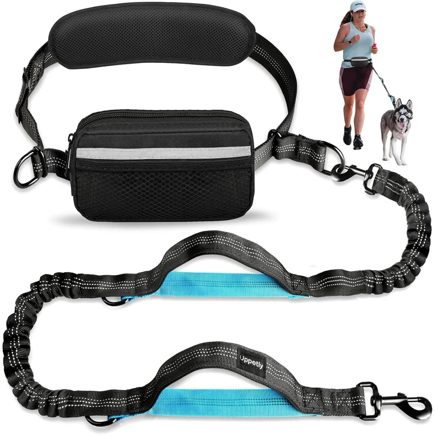 Hands Free Dog Leash for Running Walking Hiking | Adjustable Waist Belt with Removable Pouch | Dual Padded Handles Shock Absorbing Bungee Leash | Reflective Design for Medium Large Dogs