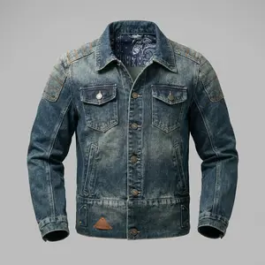 Men's Vintage Washed Denim Jacket, Retro Distressed Biker Jean Jacket with Paisley Lining, Classic Trucker Jacket with Shoulder Stitching, Casual Button-Down Motorcycle Denim Coat for Men, Fashion Streetwear Denim Jacket for Daily Wear, Riding, Outdoor