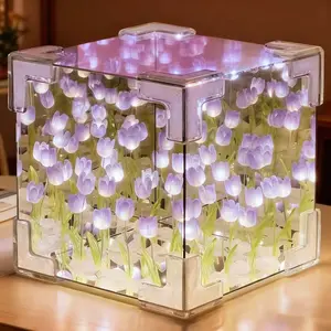 2Pcs Handmade Tulip Mirror Night Light Bedroom Decoration Bedside Light Purple Desk lamp for Mom Tabletop Decoration Gift for Friends Birthday Anniversary Mother's Day