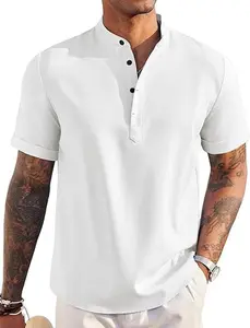 COOFANDY Men's Casual Shirt Short Sleeve Linen Shirt Band Collar Summer Beach Hippie T-Shirts Clothing Menswear