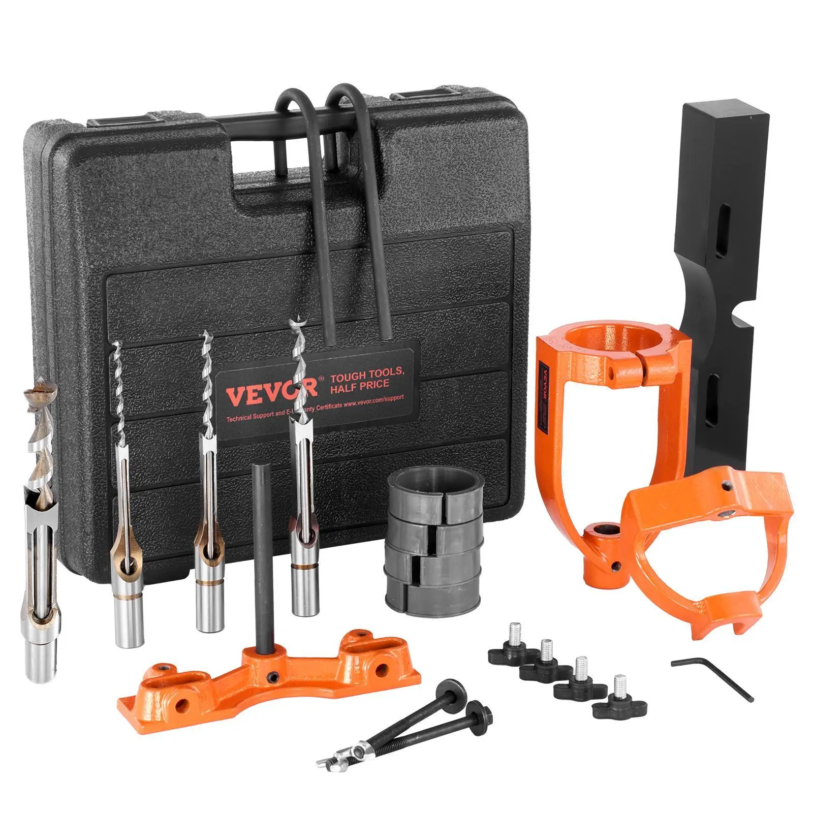 【Summerfinds】VEVOR Mortising Attachment for Drill Press, 4 Model Drills Square Hole Chisel Set, Bench Drill Locator Set Mortise and Tenon Tools with 5 Bushings, for Woodworking Mortising Tenoning Drilling Machine