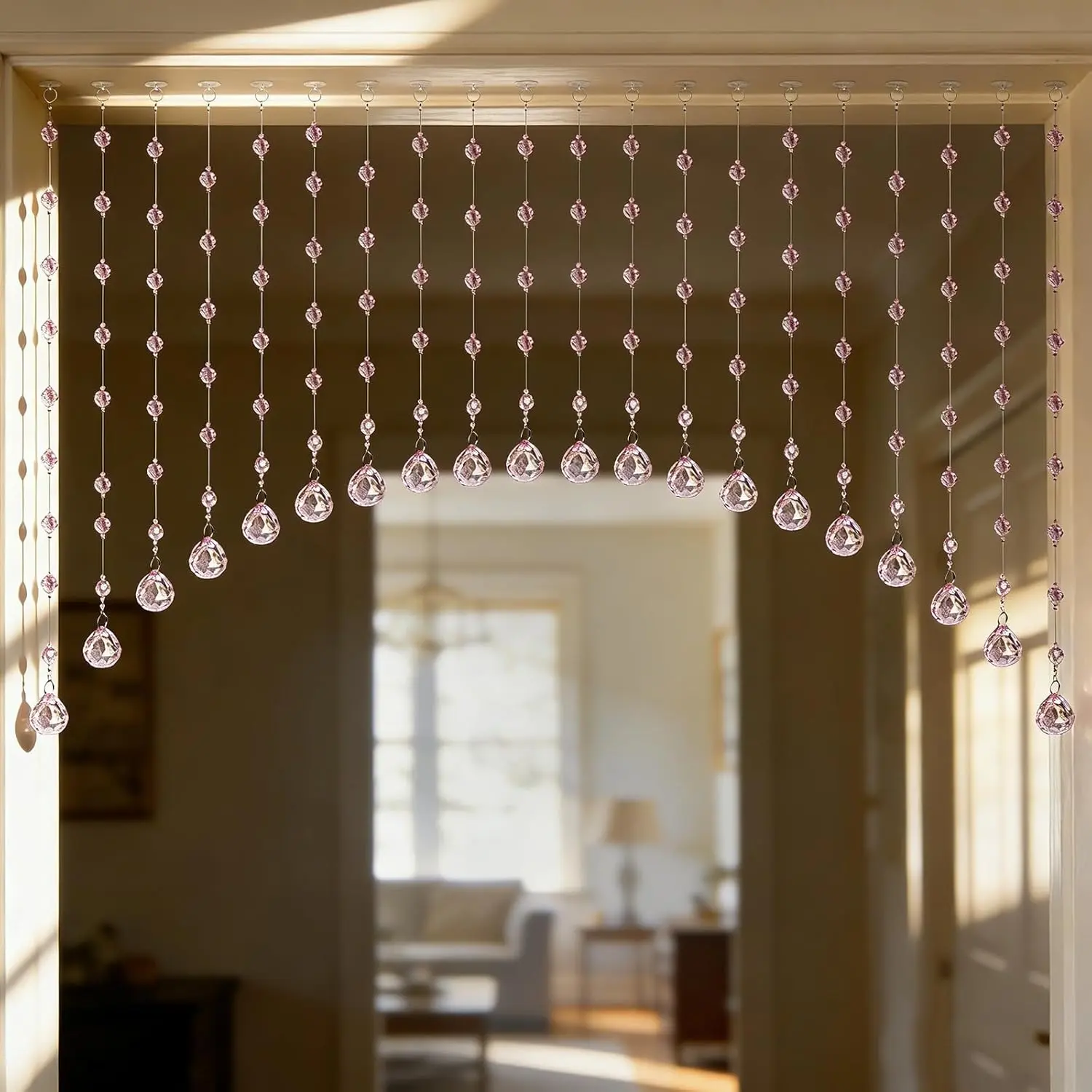OSVINO Crystal Beaded Curtain for Doorways, 20 Strings Arch Door Beads, Hanging Room Divider Bead Curtains, No Drill Self-Adhesive for Bedroom Window Closet Entryway Home Decor, Pink
