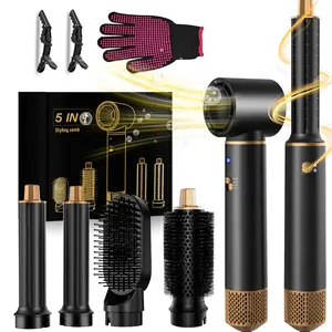 5-In-1 Hair Styling Brush Set with Gloves & Clips, Styler, 33,000 Rpm Hot Air Brush, Curling Iron, Straightener, Drying Smooth Tool, Thermal Brush Straightener