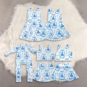 New Clothes Sibling Light Blue Sleeveless Bow Castle Top Skirt Set Girls Active Wear Athletic Dresses Rompers cute style baby comfortable casual kid clothing toddler summerclothes matching fashion outfit child summer