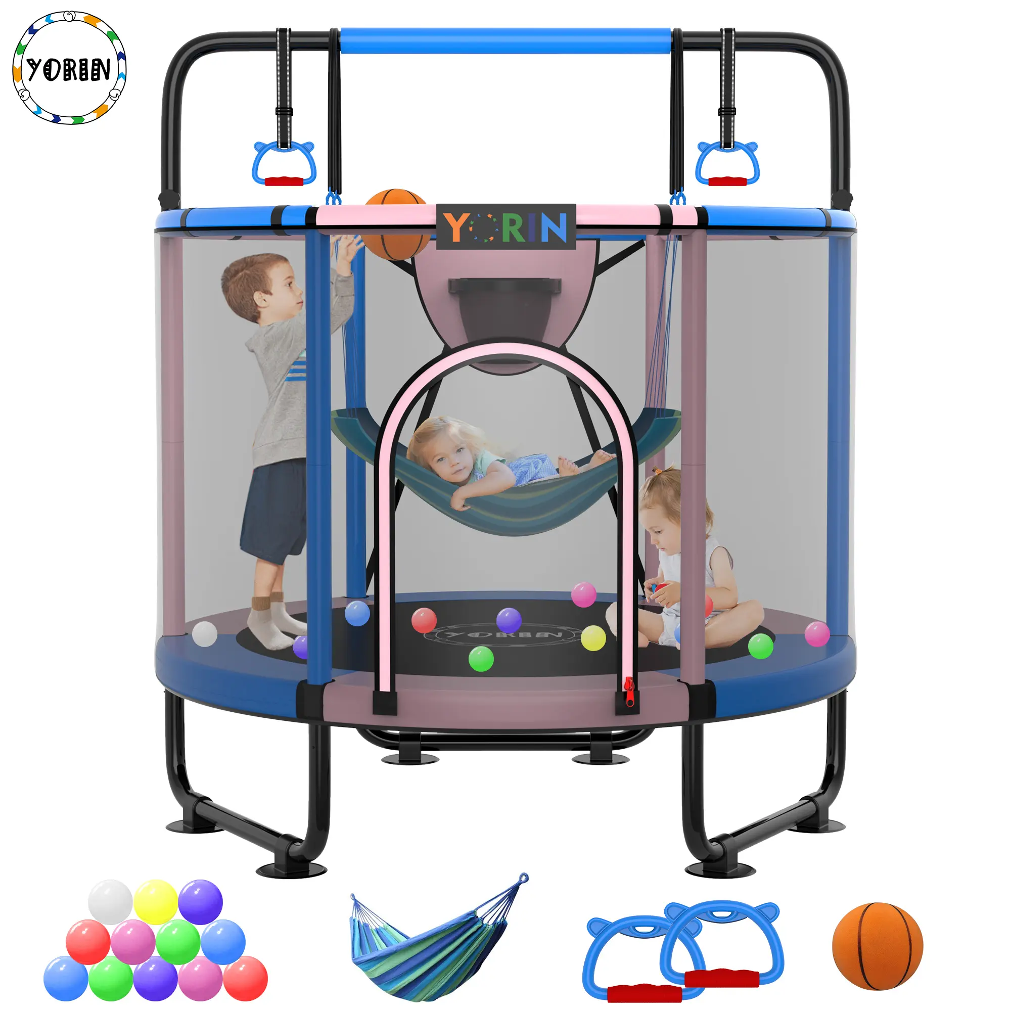 YORIN 5-in-1 Kids' Mini Trampoline - 55"/60"/66" Indoor-Outdoor Fun Sports Equipment with Galvanized Steel Frame, Safety Enclosure, Swing Seat, Adjustable Gymnastics Bar for Birthday, Balance & Jumping, Swinging, Spring Tool, Ages 1-8, 24 Months, 3 - 4 Ye