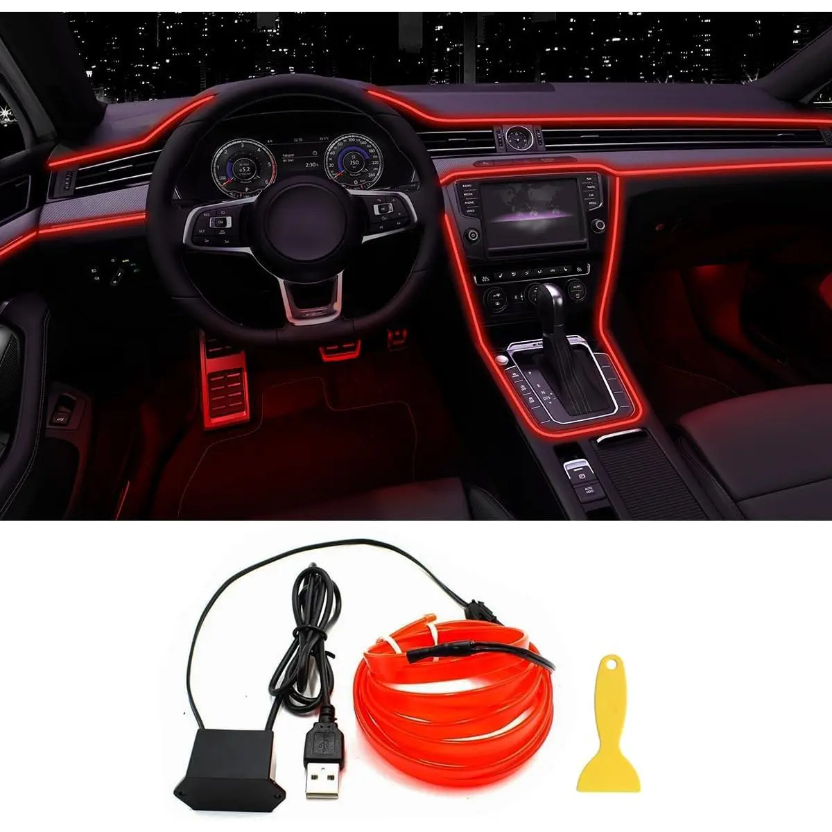 Car Decorative Light - 16.5FT USB-Powered Electroluminescent Wire Strip, 6mm Sewing Edge Neon Strobing LED Lights for Car Interior Mods & Home Decoration (Red)