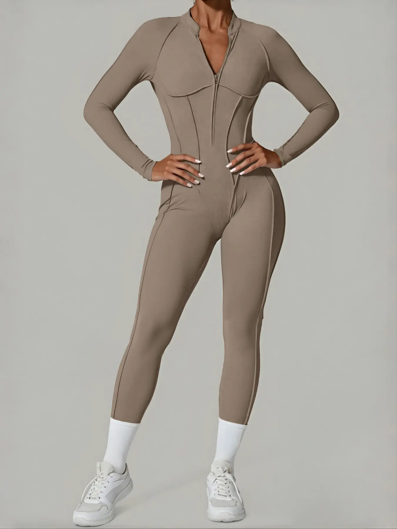 Women's Casual Tight-Fit Yoga Jumpsuit, Sporty Comfy Jumpsuit, Workout Jumpsuits, Half-Zip Long Sleeve Backless Gym, Above Ankle Length All Season Wear, Tight Fitting Jumpsuit, Sportswear Jumpsuit, Stretch Jumpsuit