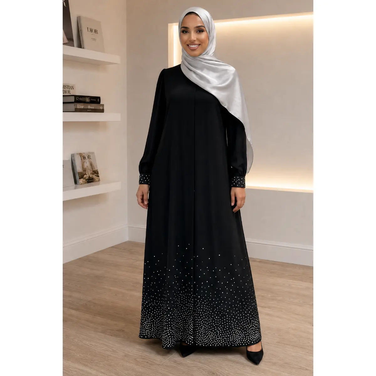 Midnight Majesty Abaya - Studded Long Sleeve Black Dress with Intricate Studs, Crew Neck, and Elegant Design for Formal Occasions Glitter Rhinestone Embellished Abaya Shimmering Starlight Abaya Cape