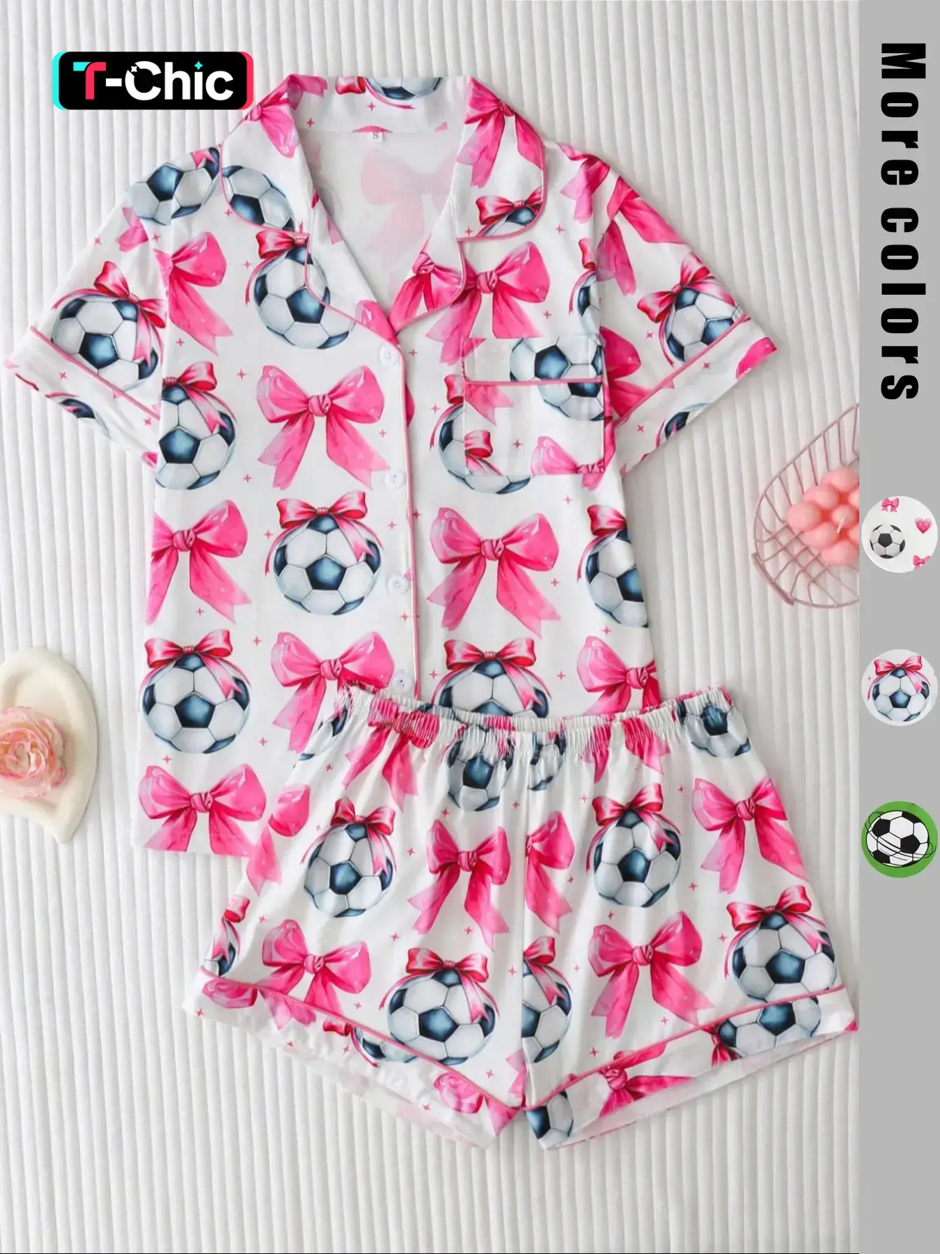 Women's Football Heart Bow Print Matching Pajama Set, Valentine's Day Pjs, Pyjamas, Collared Button Short Sleeve Top & Comfortable Elastic Shorts, Loungewear, Pajamas Lounge Set