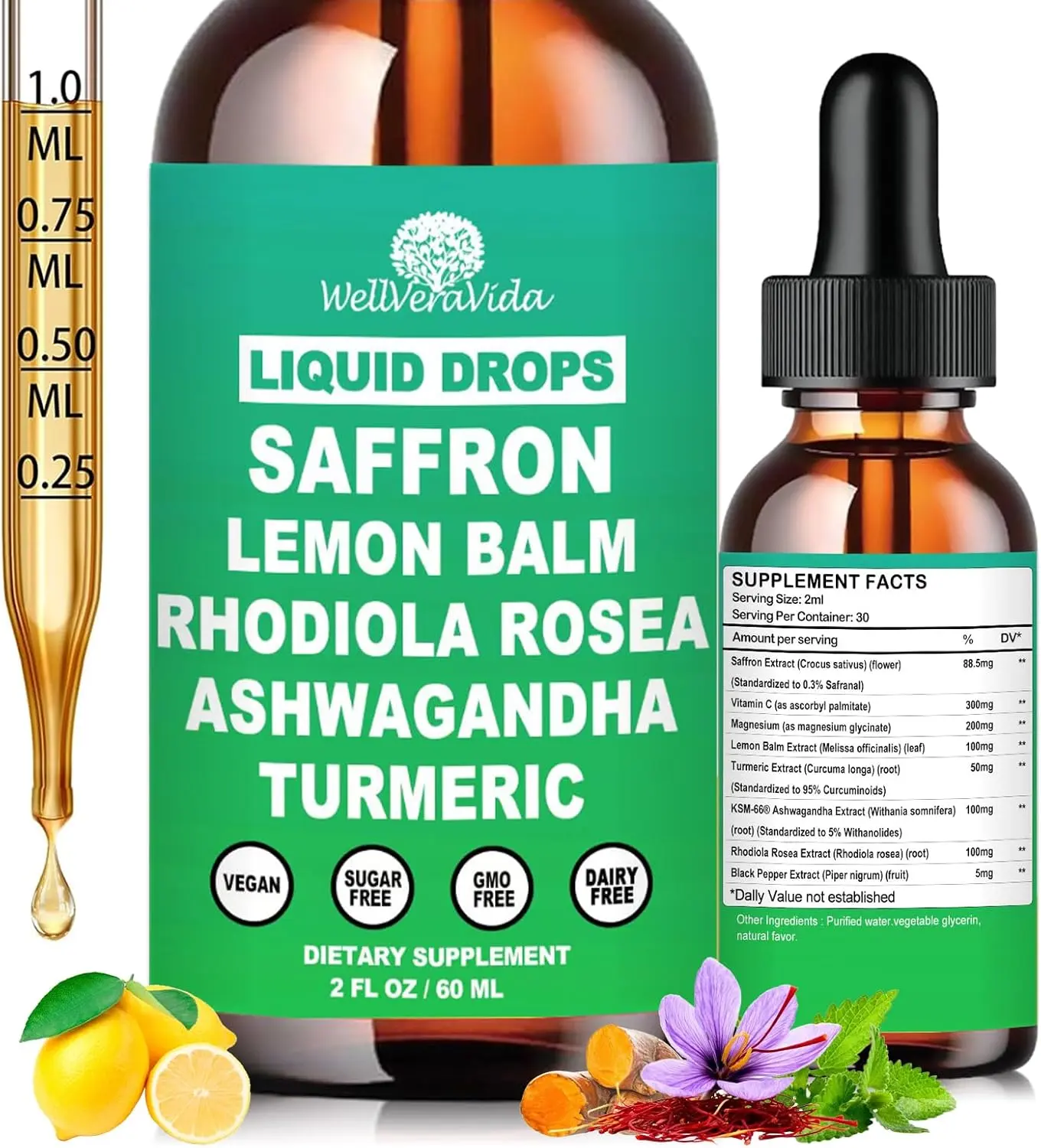 Saffron Supplements 88.5mg,Pure Saffron Extract Liquid Drops for Adult Kids | Fast Absorbing Liquid Saffron w. Ashwagandha & Rhodiola Rosea for Eye Health Stress Relief & Calm Mood Support, Vegan,2 Fl Oz Pack of 1