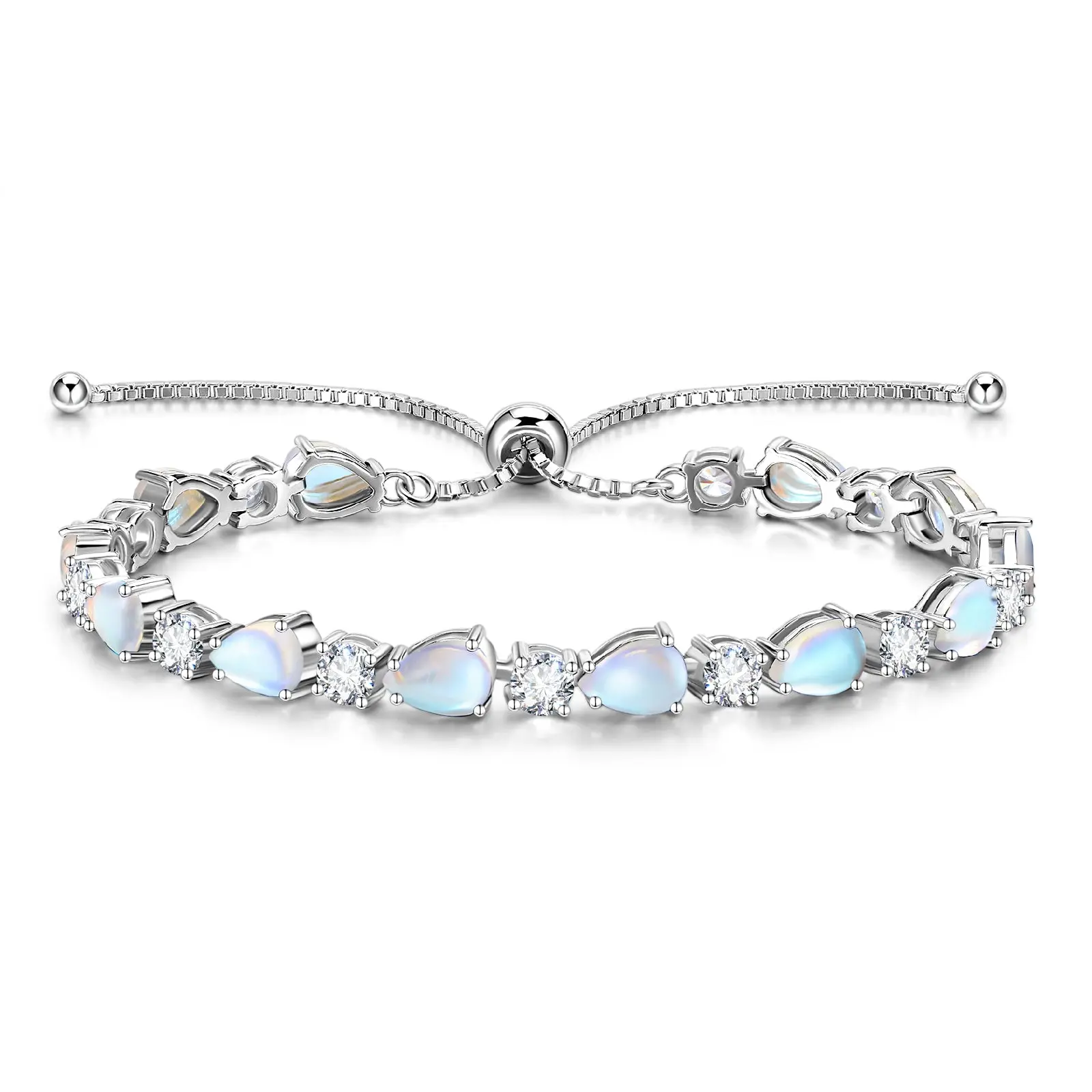 "Glamour Teardrop" June Birthstone Moonstone Sterling Silver Tennis Bracelet Classic Bolo Chain
