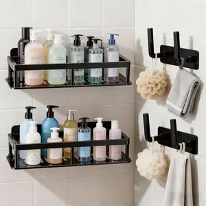 Adhesive Shower Caddy, 4-Pack Black Self-Adhesive Bathroom Shelves with Hook Racks, Large-Capacity No-Drilling Bathroom Organizers and Storage for Home Decor