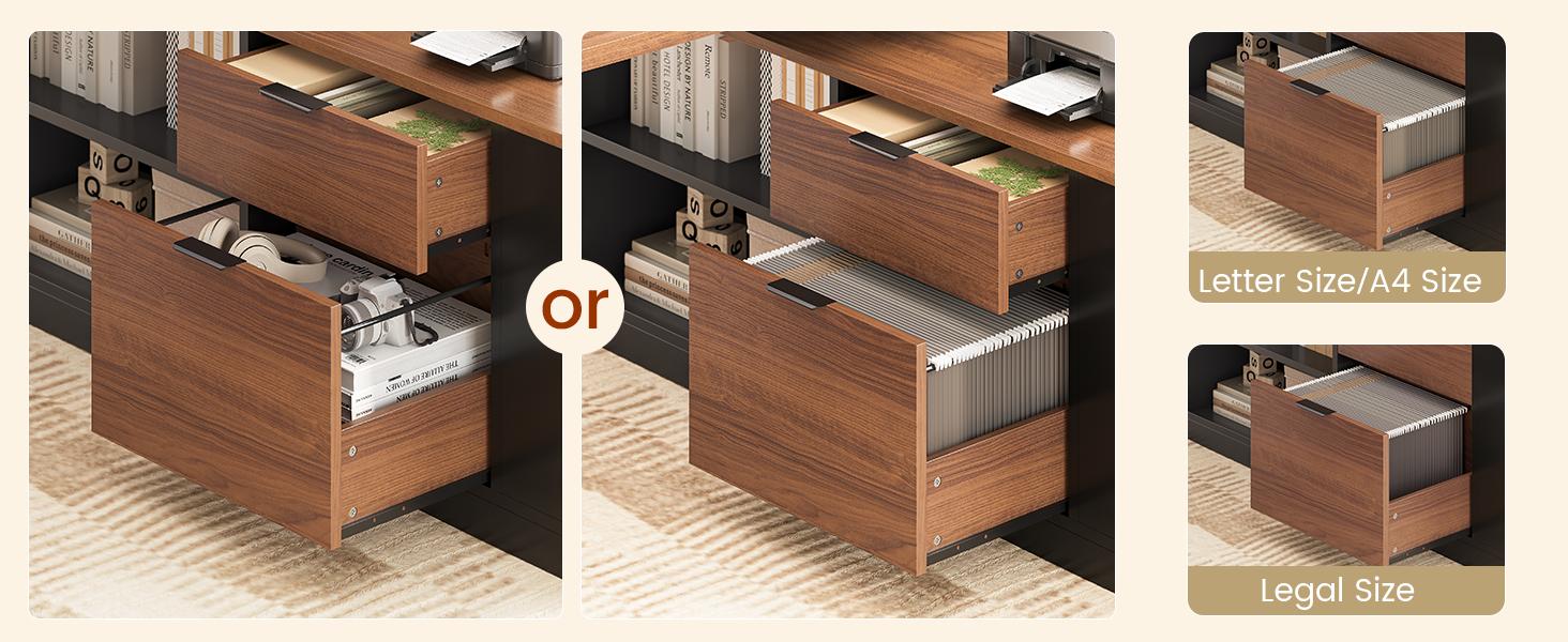 53" Electric Standing Desk with Drawers & Power Outlets, Electric Height Adjustable Executive Desk with File Drawers & Storage Shelves, Sit Stand Corner Computer Desk with Pegboard, 6 Hooks, Home Office Desk, Black & Walnut