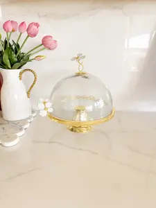 White Jasmine Flower Gold Cake Stand with Glass Dome