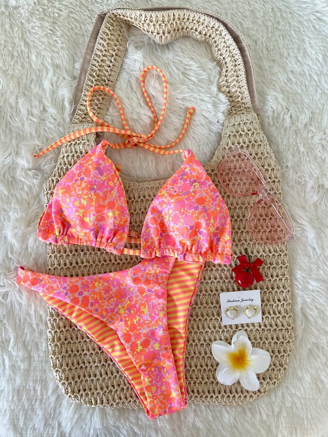 Women's Triangle Bikini Set, Reversible Striped Swimsuit, Floral Pattern Swimwear, Comfortable Beach Wear, Stylish Bathing Suit, Floral Print Bikini, Swimsuit Style Bikini, Summer Bikini Beach