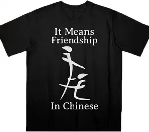 Sarcastic humor T-shirt featuring a Chinese character joke with the phrase “It Means Friendship In Chinese”. A bold ironic meme tee perfect for edgy humor fans and funny gift ideas.