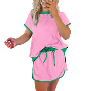 Women‘s 2 Piece Outfits Bonbon Colorblock Edge Drop Shoulder T Shirt and Skort 2Pcs Set For Summer Two Piece Casual Set Matching Suits