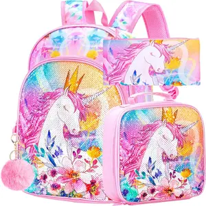 KF5-068 3PCS Unicorn Backpack for Girls, 16 Inch Kids Water Resistant Preschool Bookbags with Lunch Box, Cute Ballet Elementary School Backpacks for Kindergarten Toddler Travel