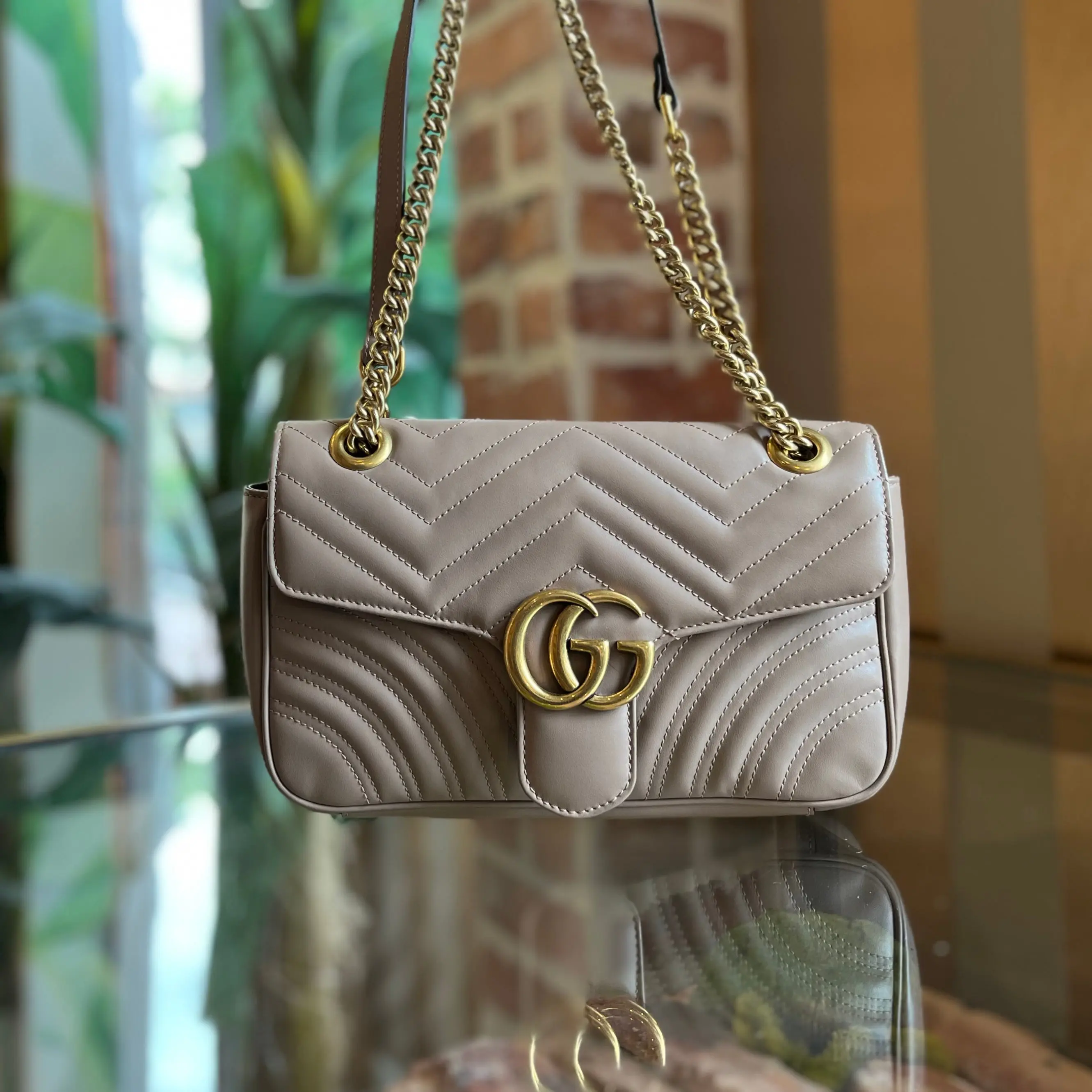 Pre-owned GUCCI Leather Crossbody Bags GG Marmont Taupe Matelasse Chevron Crossbody Bag