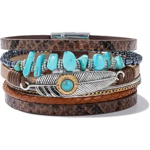 Turquoise Boho Bracelets - 5 Strand Leather Wrap with Stone Seed Beads &  Charm |  Clasp | Stackable Western  for Women