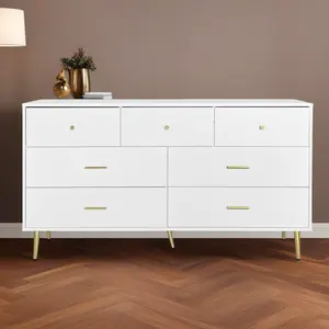 [Bellemave]Seven Drawers Large Chest of Drawer Cabinet with Golden Handle and Golden Legs White Color