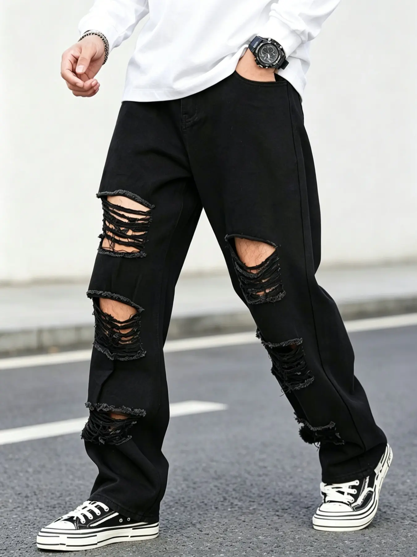 Black Ripped Jeans Distressed for Men, Loose Straight Leg Wide Leg Trendy Distressed Denim Trousers, Streetwear Street Style Casual Pants, Ripped Pocket Jeans, All-Season Comfort