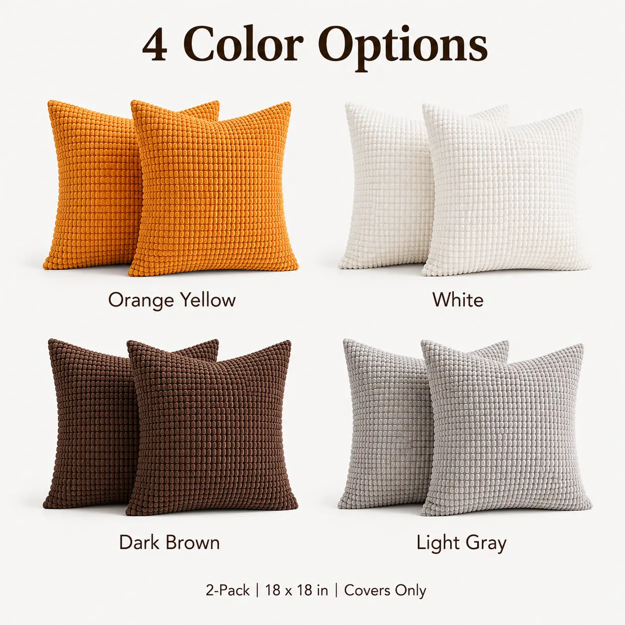 2-Pack 18x18 in Solid Waffle Corduroy Cushion Covers, Soft Removable Throw Pillow Cases with Hidden Zipper for Couch, Bedroom Home Decor, Machine Wash, Room Decor, Two Piece Sets