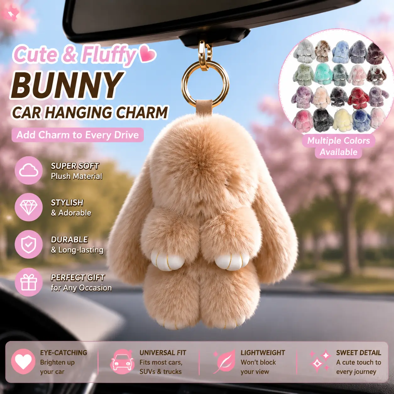 Cute Bunny Car Charm, Fluffy Rabbit Keychain, Soft Plush Rearview Mirror Hanging Accessory, Adorable Car Decor Gift for Her
