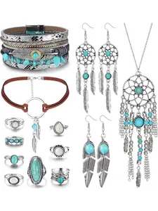 Western Jewelry for Women Turquoise Pendant Necklace Western Drop Dangle Earrings Turquoise Faux Leather Layered Bracelets Boho Knuckle Rings Set Bohemian Jewelry Set Feathers