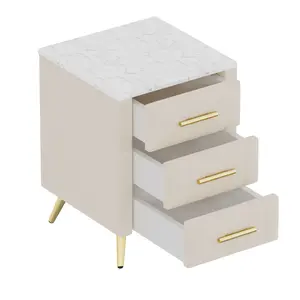 16.3" Beige Upholstered Velvet Nightstand with 3 Drawers Marble Print Top Metal Legs Handles Modern Bedside Table End Table for Bedroom Living Room Sturdy Easy Assembly