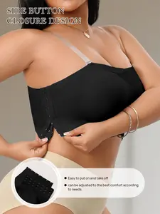 Plus Size Women's Seamless Strapless Anti-Slip Shapedly Bra, Side Buckle Push-Up Underwear with Molded Cups, Plain Daily Wear Bras
