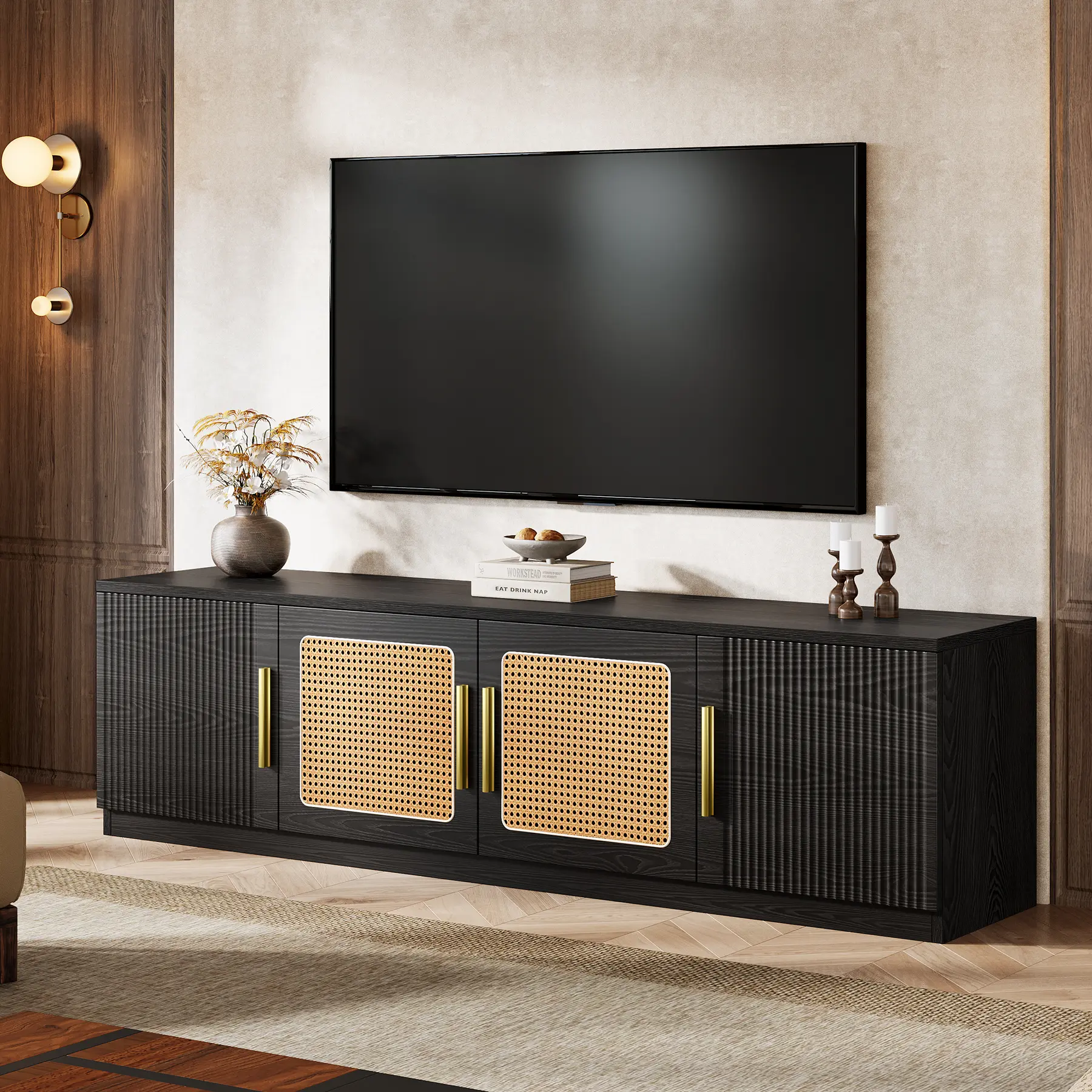 LITTLE TREE 70.9" TV Stand for Living Room, Mid Century Modern Entertainment Center with 6-Tier Storage Shelf, Wood Long Media Console Television Stands Cabinet for TVs Up to 80 Inches