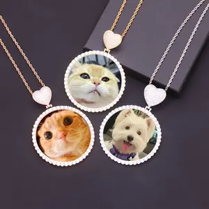 【customized】68MM HipHop Heart Hook Large Round Photo Frame Pendant Iced Out Cubic Zirconia Picture Memory Circle Charm Necklace Easter Jewelry