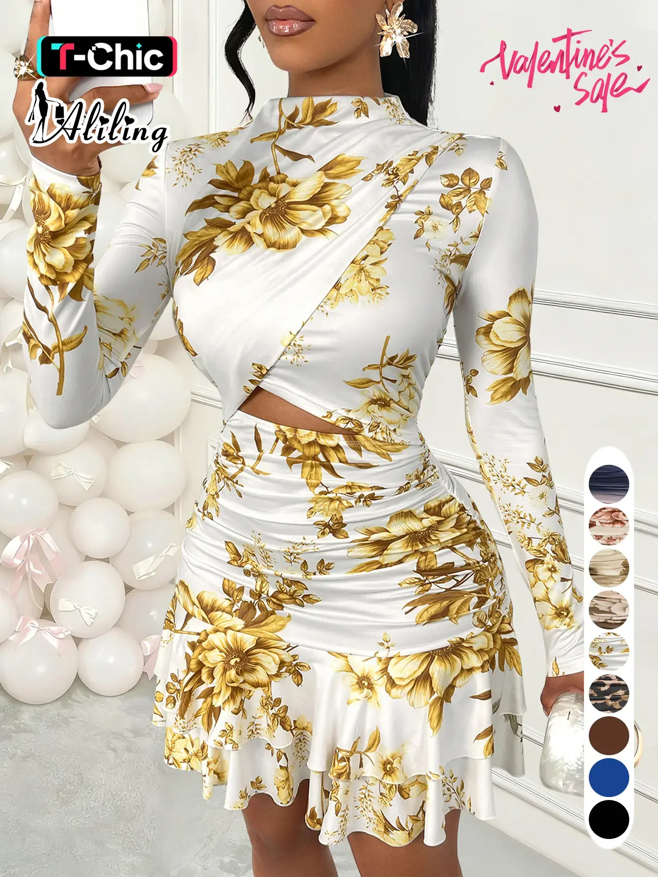 Aliling Women's Elegant Chic Aesthetic Floral Print Dress with Stand Collar, Long-Sleeve Hollow-Out Design and Ruffled Hem, Fall Fashion Mini Dress for Parties Womenswear