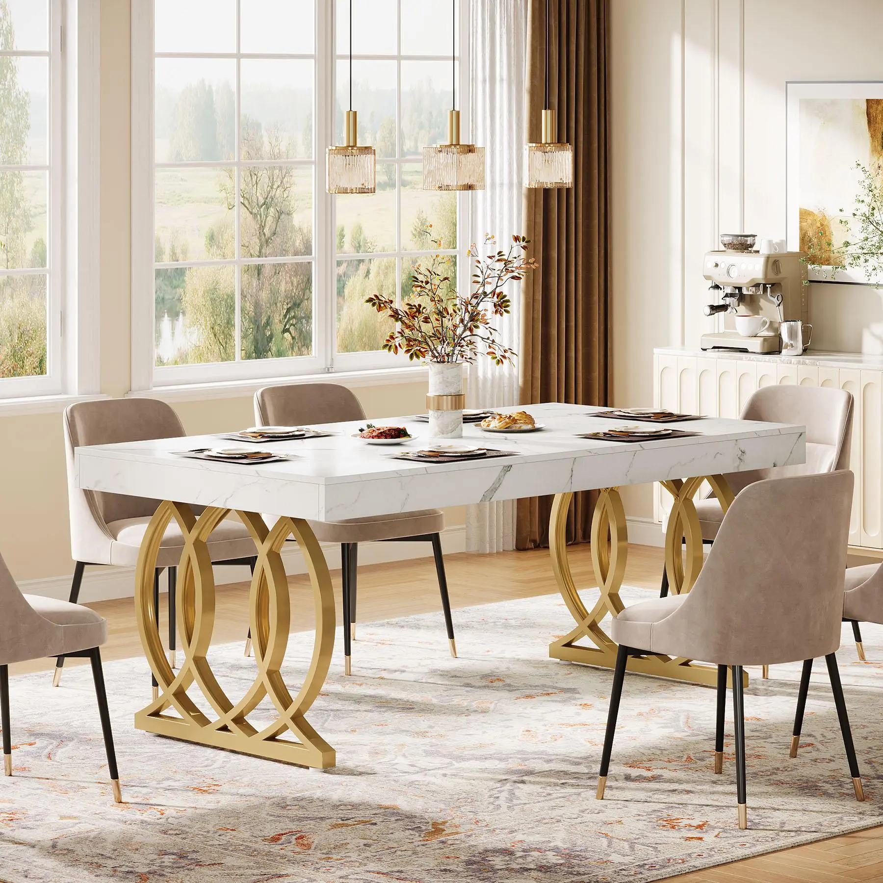 TRIBEWOOD 62.99" L x 31.5" W Rectangle Dining Table - 4-6 Seats Modern Indoor Furniture, Faux Marble Scratch-Resist. Tabletop, Reinforced Geometric Gold Legs, 350lb Capacity, Assembly Required, for Casual Gatherings, Kitchen & Living Room Computer Desk