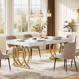 TRIBEWOOD 63-Inch Dining Table for 4-6, Modern Kitchen Table with Faux Marble Tabletop and Geometric Legs, Rectangle Dining Room Furniture for Living Room, Kitchen