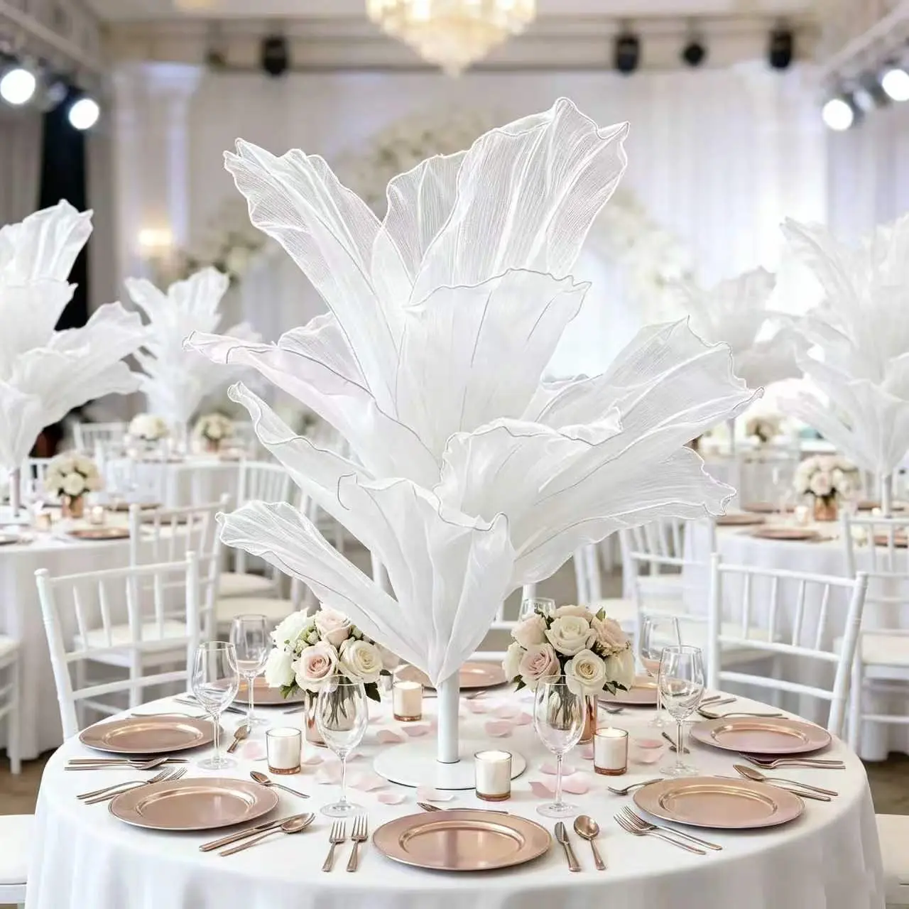 3.3FT Ivory Minimalist Lightweight Sculptural Crepe Organza Artificial Flower, Freestanding Decorative Piece with Metal Base, Photo Centerpiece for Wedding Backdrop, Romantic Party Events