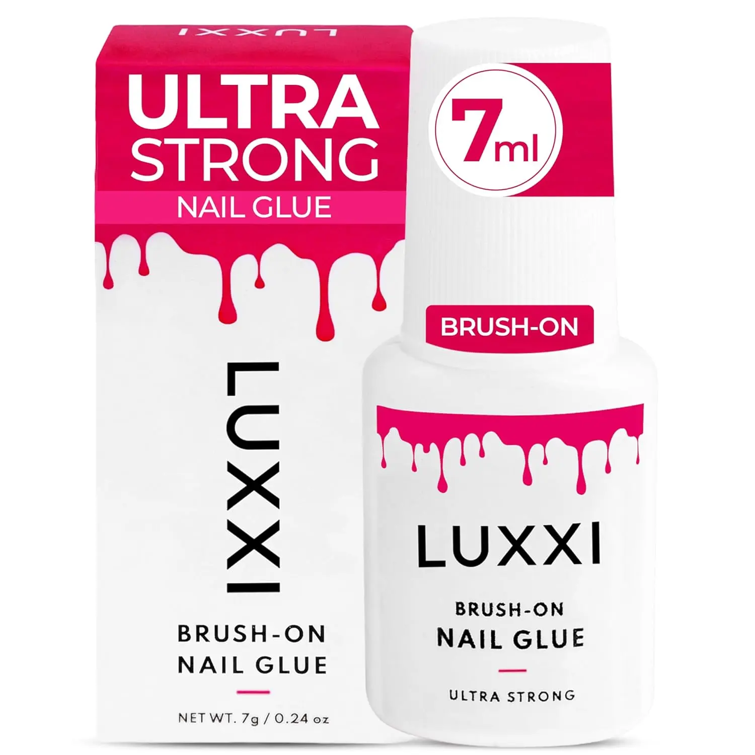 LUXXI Ultra Strong Brush-On Nail Glue for Press-On Nails - Precision Applicator Pink Gel Formula, 0.24oz