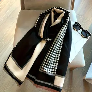 Elegant Houndstooth Scarf for Women Long Neck Shawl in Two-Tone Design Stylish Non-Elastic Luxury Accessory for Autumn Winter and Summer Woven Material