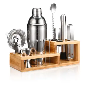 Touch of Mixology 14 Piece Bartender Kit - Home Bar Tool Set - Cocktail Shaker Set - Bar Accessories - Bamboo Stand - Stainless Steel Kitchen Utensils
