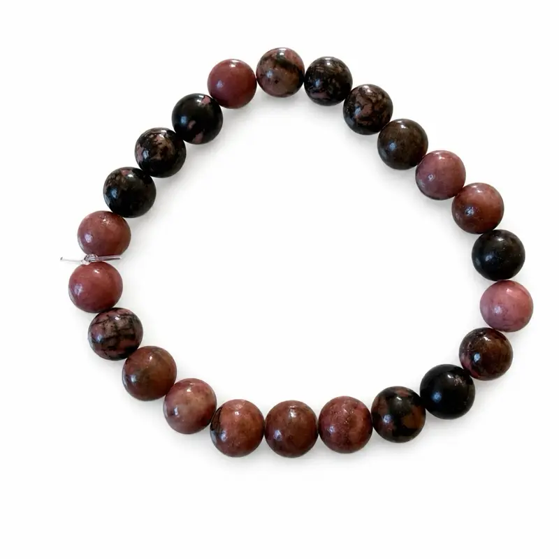 8mm Rhodonite Beaded Stretch Bracelet Pink Black Natural Stone Jewelry