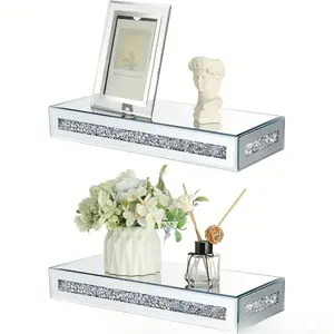 Floating Wall Shelf Set of 2, Fashionable Glass Display Rack for Plants, Mirror Decorative Floating Frame for Living Room & Bathroom