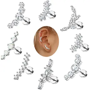 ZELORES 8Pcs 16G Stainless Steel Cartilage Studs - Star, Flower, Opal CZ Designs, Flat Back, Trendy Iridescent Snake Chain - Women's Daily & Casual Helix Conch Piercing Jewelry, Trendy Iridescent Chain