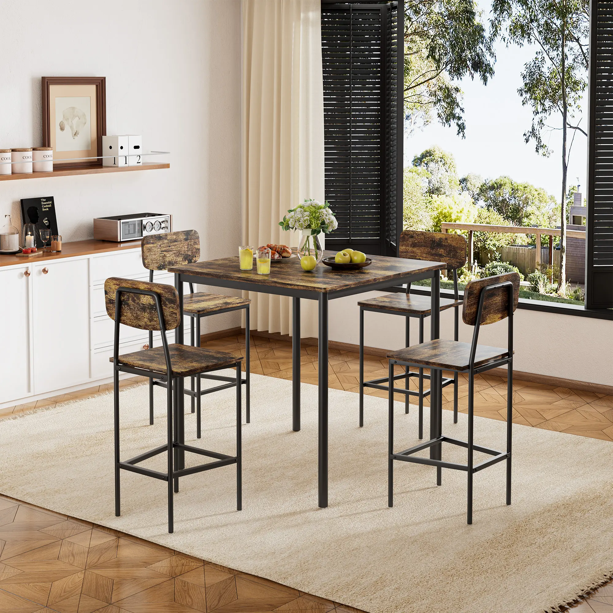Dining Table Set for 4, Retro Kitchen Table and Chairs Set for 4, Metal Frame, Space-Saving Table and Chairs Set of 4 for Small Place, Living Room, Breakfast Nook