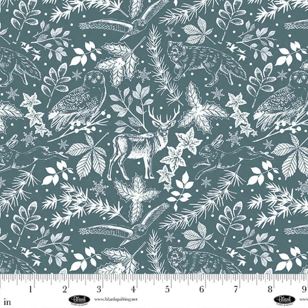 Winter Whispers Leaves With Wildlife Teal Cotton Fabric